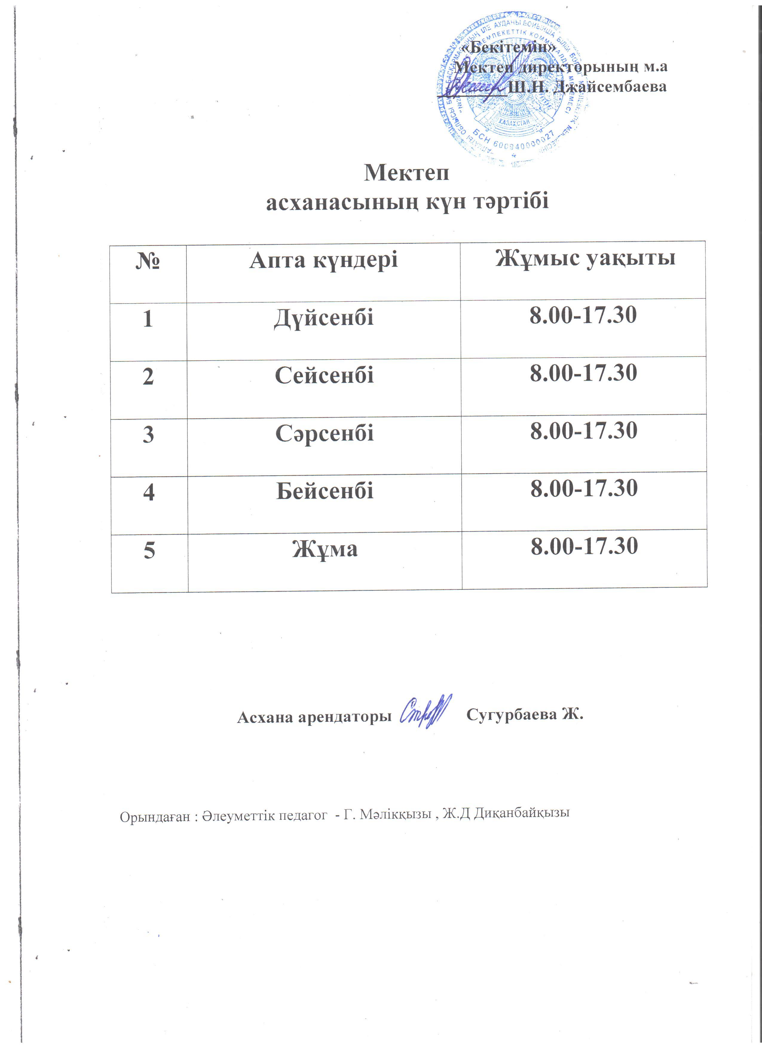 Мектеп асханасының күн тәртібі